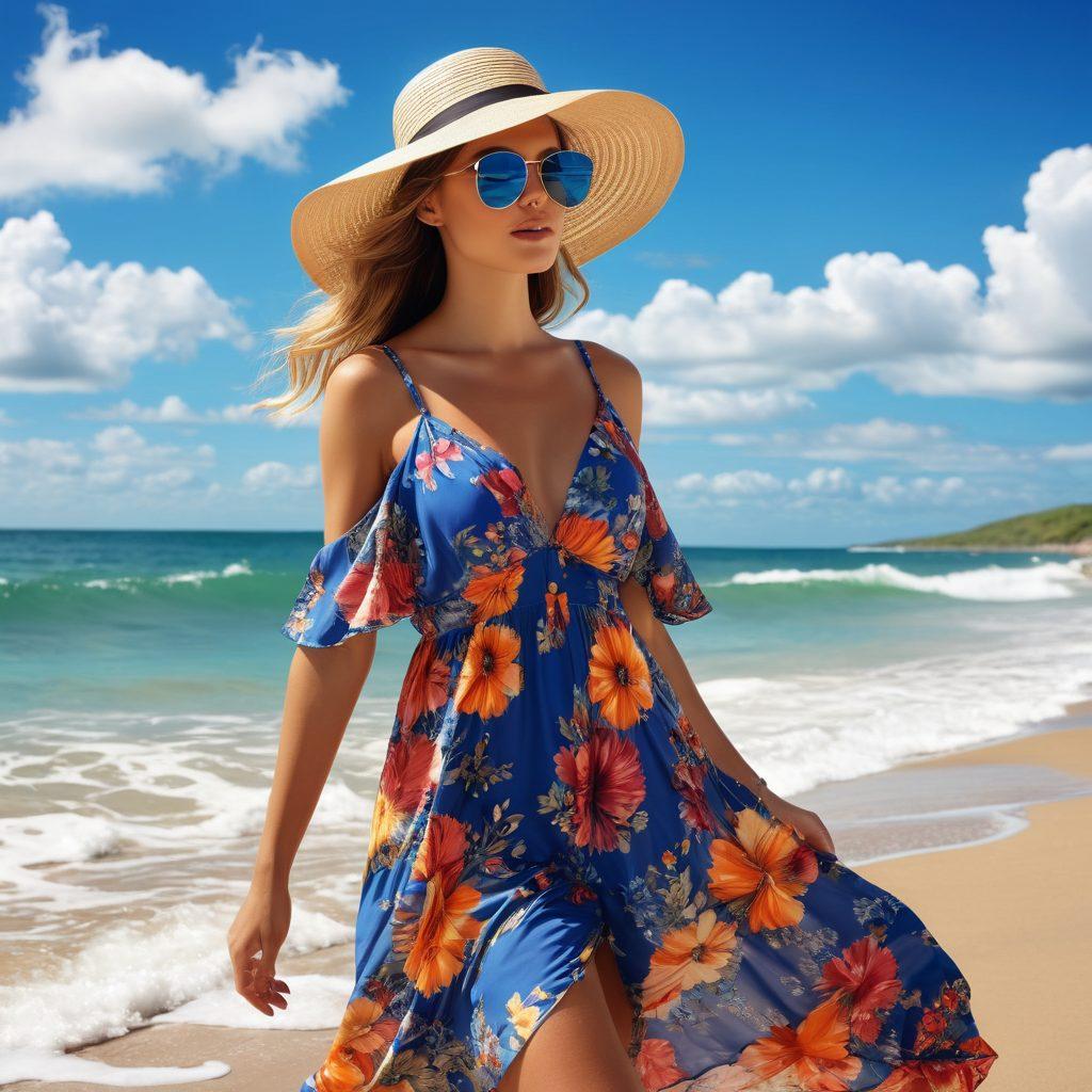 A captivating summer fashion scene featuring a glamorous woman in a flowing sundress, adorned with vibrant floral patterns, walking confidently on a sun-kissed beach. Surround her with stylish summer accessories like oversized sunglasses and a chic straw hat, capturing the essence of a seductive summer vibe. The background showcases a bright blue sky with fluffy white clouds and gentle waves lapping at the shore. super-realistic. vibrant colors. beach setting.