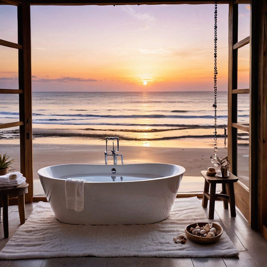 A serene scene featuring a beautifully designed bathtub filled with bubbles, set against a backdrop of a tranquil beach at sunset. The bathtub is surrounded by elegant beachwear hung on a nearby wooden rack, with soft towels and seashells scattered around. Symbolic elements of emotion, like a subtle tear-shaped pendant resting on the edge of the tub, add depth to the composition. The overall mood conveys a blend of sorrow and style through warm, muted tones. surrealism. vibrant colors. soft focus.