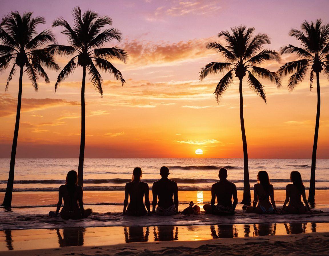 A serene summer beach scene at sunset, featuring a diverse group of individuals in sexy swimwear, each expressing a hint of melancholy through their body language. The soft, warm colors of the sunset blend beautifully with the ocean waves, while a few scattered seashells and beach towels add to the ambiance. In the distance, silhouettes of palm trees frame the scene, enhancing the heartfelt vibe. super-realistic. vibrant colors. warm tones.